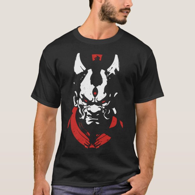 Camiseta Samurai Oni Mask Anime Red White Kanji Aka Para Sh (Frente)