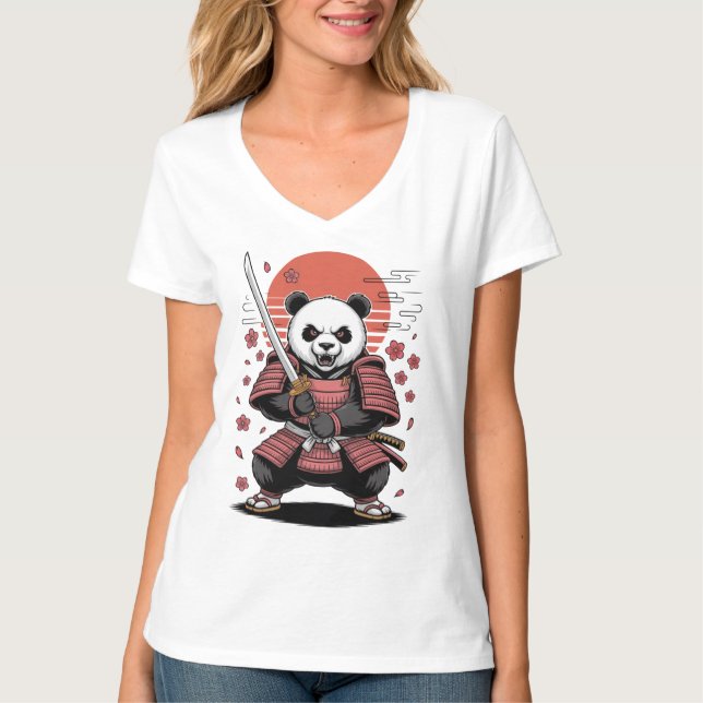 Camiseta Samurai Panda Urso Feminina Decote V (Frente)