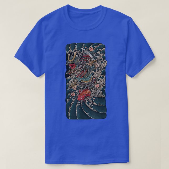 Camiseta Samurai Red Oni Máscara Com Espada E Peixe Koi Em  (Frente do Design)