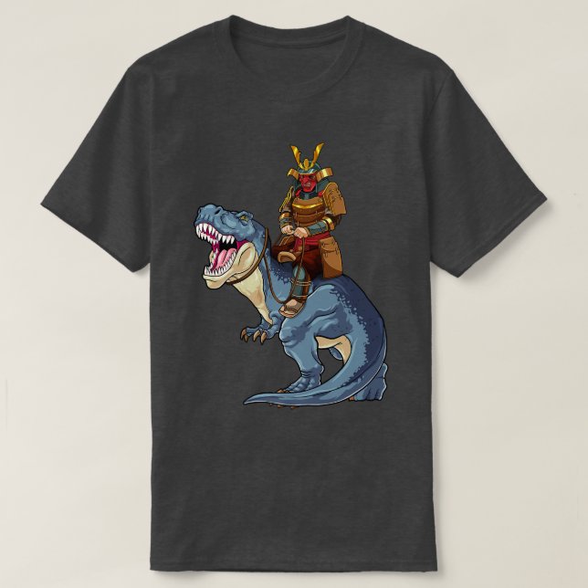 Camiseta Samurai Riding T-Rex Dinossaur Japonês Medieval Ro (Frente do Design)