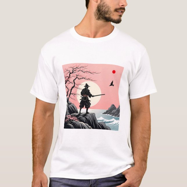 Camiseta Samurai Sunset Design - Ukiyo-e Cherry Blossom Art (Frente)