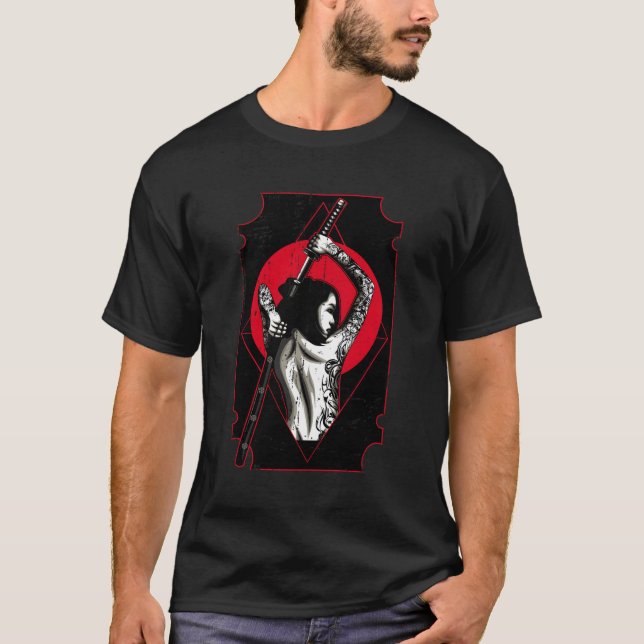 Camiseta Samurai Sword Girl afligiu o estilo japonês (Frente)
