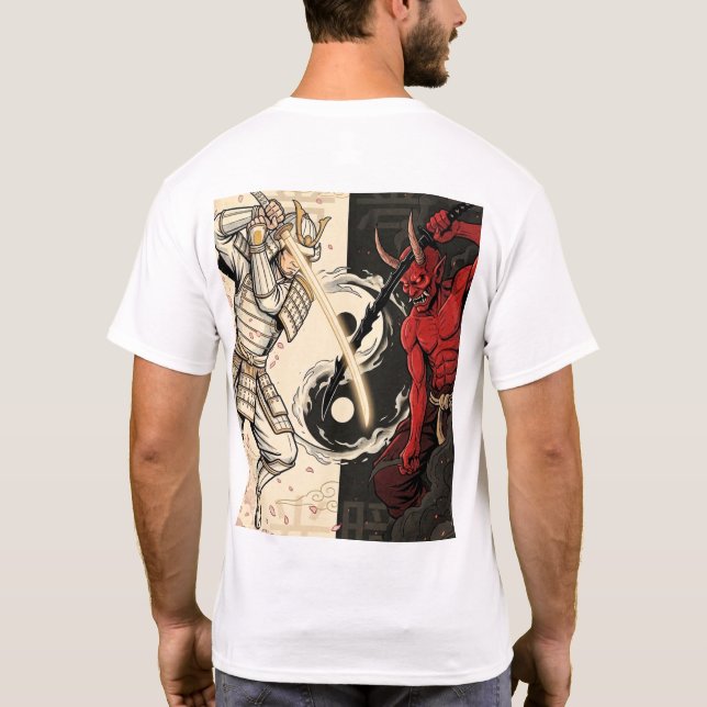 Camiseta Samurai vs Japanese Oni Demon Dual Yin Yang Graphi (Verso)