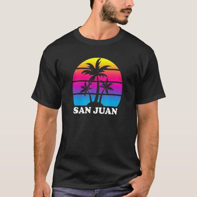 Camiseta San Juan Retro Palm Tree Sunset Vacine Beach Tri (Frente)