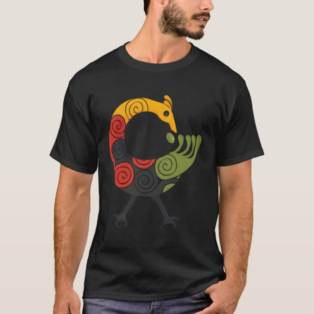 Camiseta Sankofa Bird Adinkra Art Em Cores Pan-Africanas (Frente)
