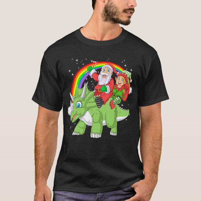 Camiseta santa and elf riding triceratops (Frente)