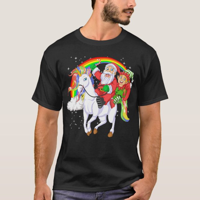 Camiseta santa and elf riding unicorn (Frente)