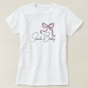 Camiseta Santa Baby Fofo Desenho à Mão Laço Cor-de-Rosa Coq