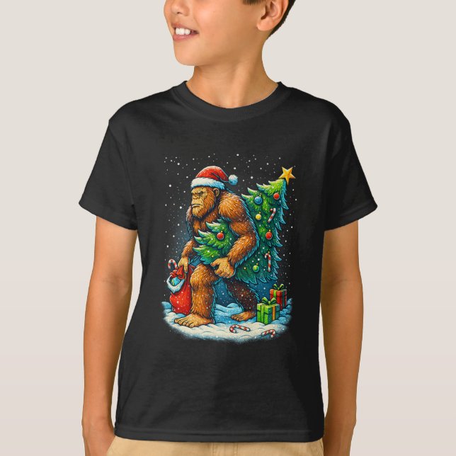 Camiseta Santa Bigfoot Christmas Tree Sasquatch Xmas Lights (Frente)