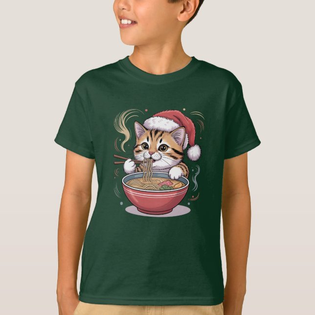 Camiseta Santa Cat Eating Ramen Cute Christmas Kitty (Frente)