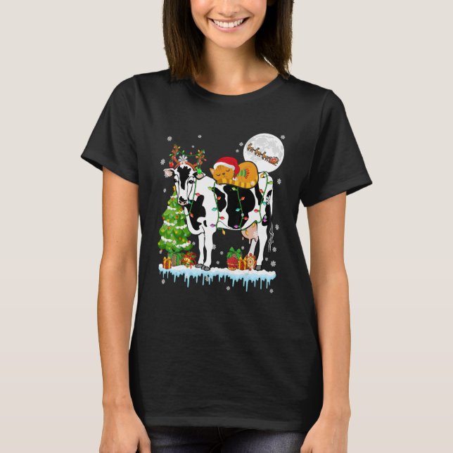 Camiseta Santa Cat Ridding Reindeer Cow Christmas Tree Farm (Frente)