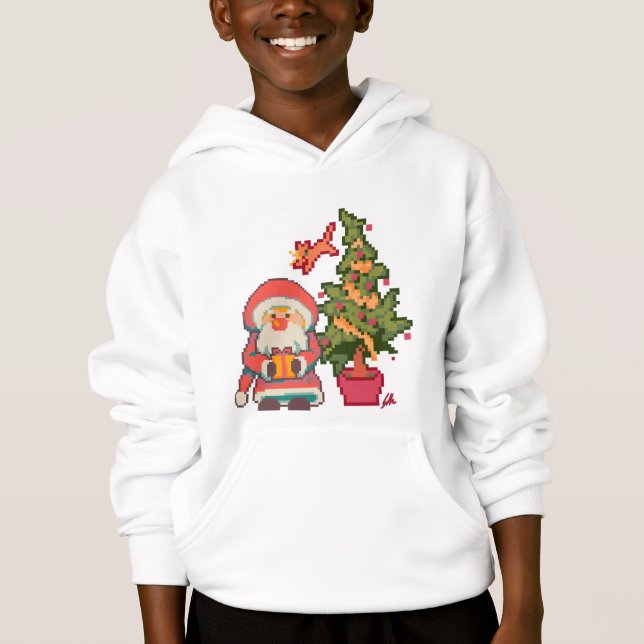 Camiseta Santa,, Christmas tree, cat Pixelart, Pixel Art  (Frente)