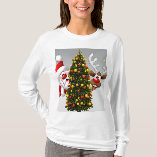 Camiseta Santa claus and reindeer behind a christmas tree.j (Frente)