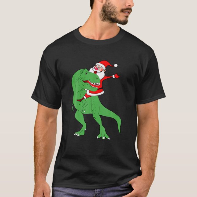 Camiseta Santa Claus Andando A Rex Engraçado Dinossauro de  (Frente)