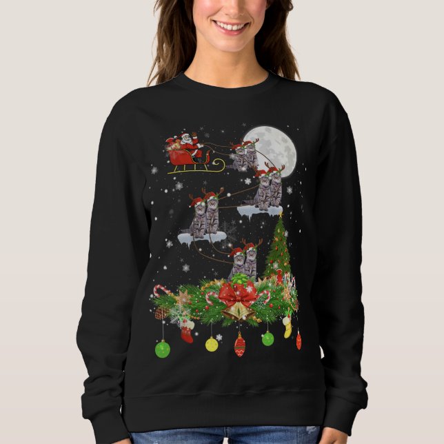Camiseta Santa Claus Andando Cat Reindeer Sleigh Dia do Nat (Frente)
