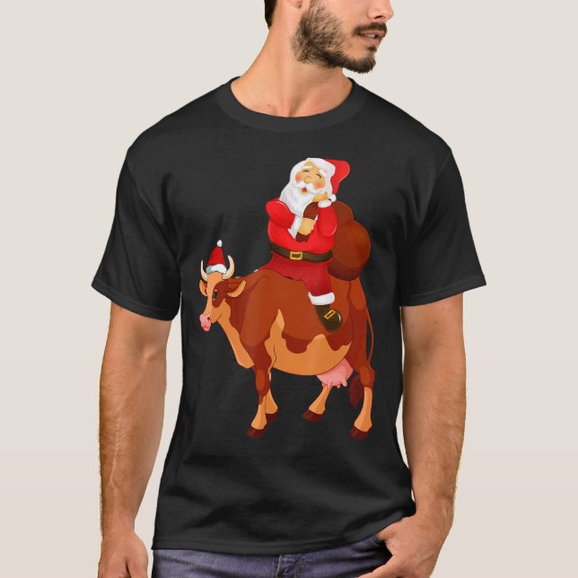 Camiseta Santa Claus Andando Vaca Natal Pajama Crianças (Frente)