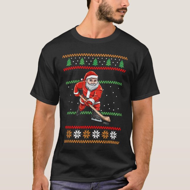Camiseta Santa Claus Christmas Ice Hockey Ugly Sweater (Frente)