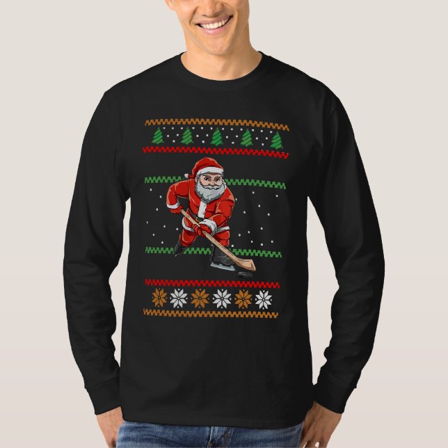 Camiseta Santa Claus Christmas Ice Hockey Ugly Sweater (Frente)