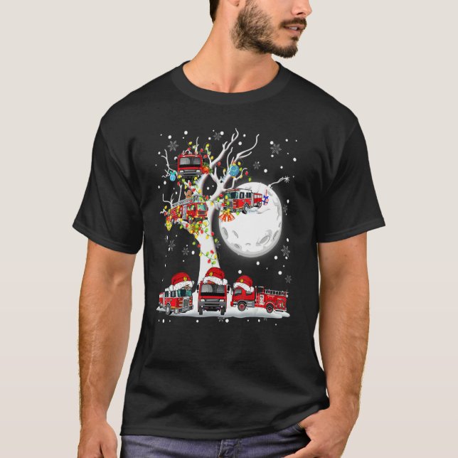 Camiseta Santa Claus Fire Engines On Tree Christmas Pajama  (Frente)
