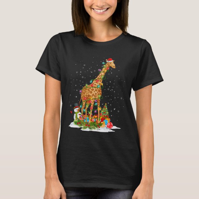 Camiseta Santa Claus Giraffe Xmas Tree Lights Feliz Natal (Frente)