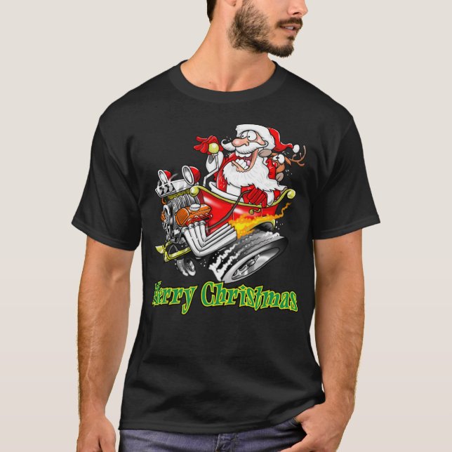 Camiseta Santa Claus Hot Rod Sleigh Merry Christmas (Frente)
