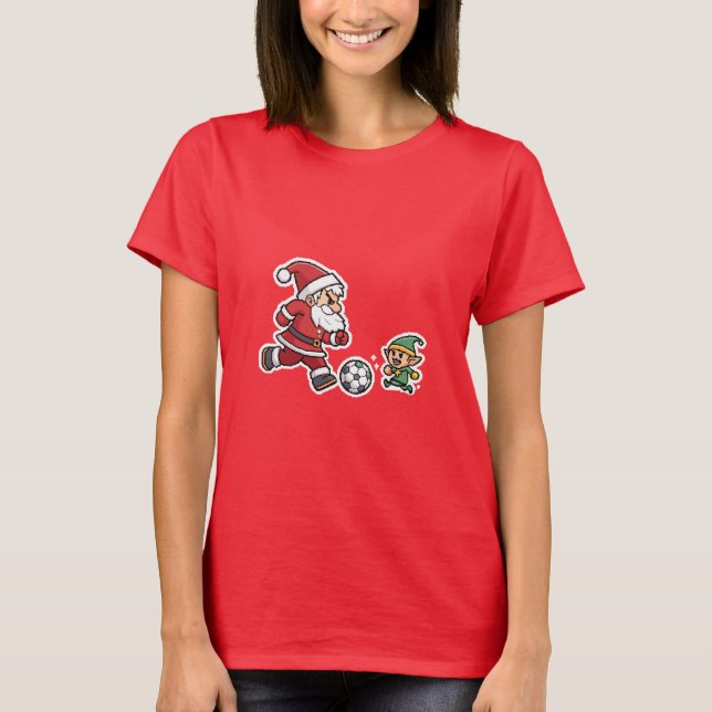 Camiseta Santa Claus Plays Soccer with a Naughty Goblin (Frente)