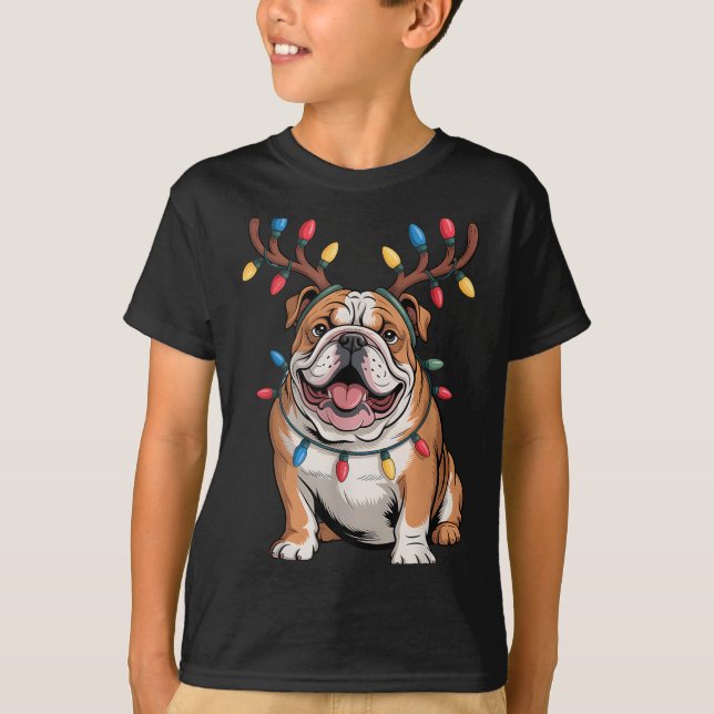 Camiseta Santa English Bulldog Reindeer Light Christmas  (Frente)
