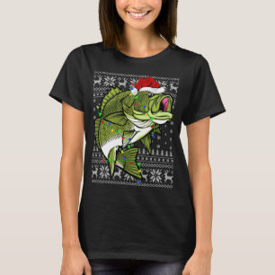 Camiseta Santa Hat Bass Fish Xmas Lighting Ugly Bass Cristo