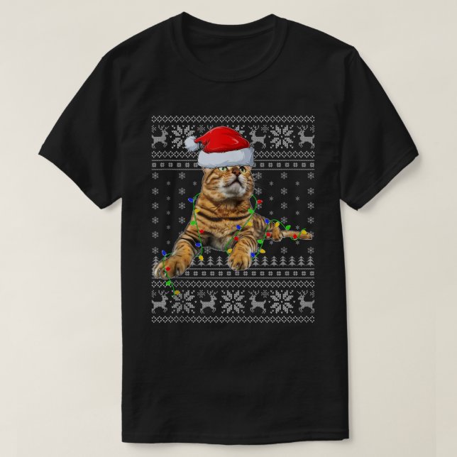 Camiseta Santa Hat Bengal Cat Xmas Lighting Ugly Bengal Cat (Frente do Design)