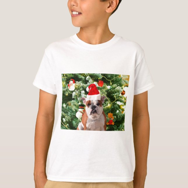 Camiseta Santa Hat Bulldog Árvore de Natal Snowman Caixa de (Frente)