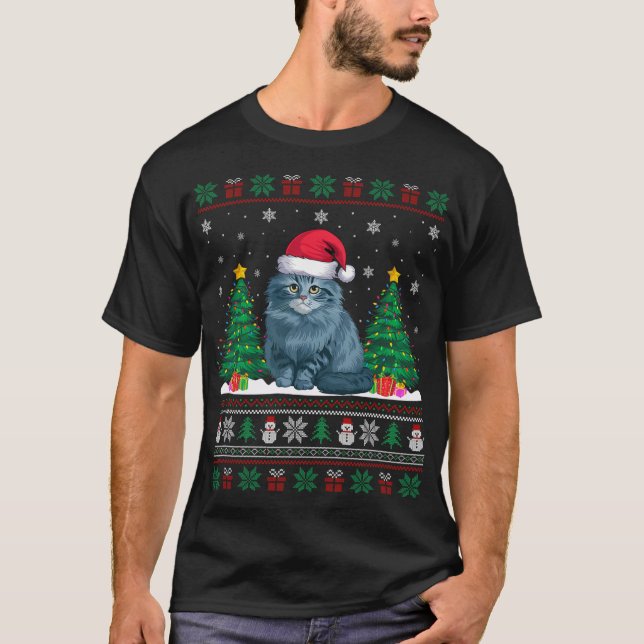 Camiseta Santa Hat Ragdoll Cat Árvore de Natal Luzes Feias (Frente)