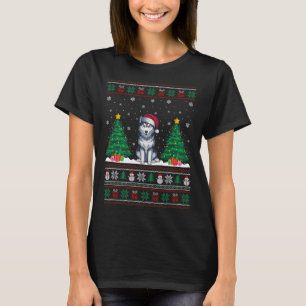 Camiseta Santa Hat Siberian Husky Dog Xmas Tree Luzes Feias