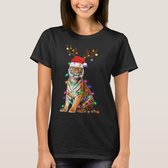 Camiseta Santa Hat Tiger Engraçado Árvore Xmas Light Animal (Frente)