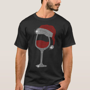 Camiseta Santa Hat Wine Bling Natal Rhinestone Bling T-