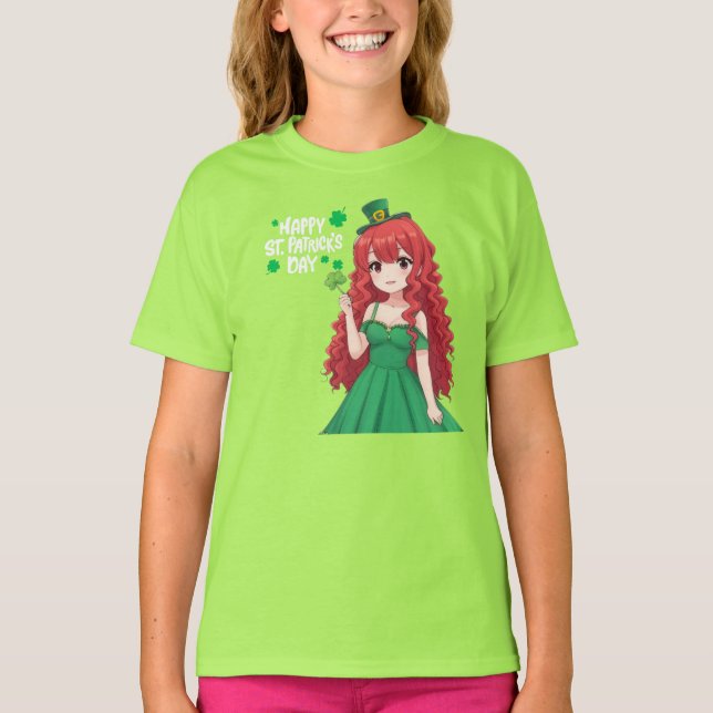 Camiseta Santa Patrick é fofo, moça de anime irlandesa (Frente)