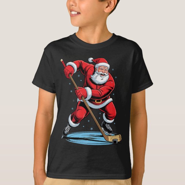 Camiseta Santa Playing Hockey Funny Holiday Christmas Xmas  (Frente)