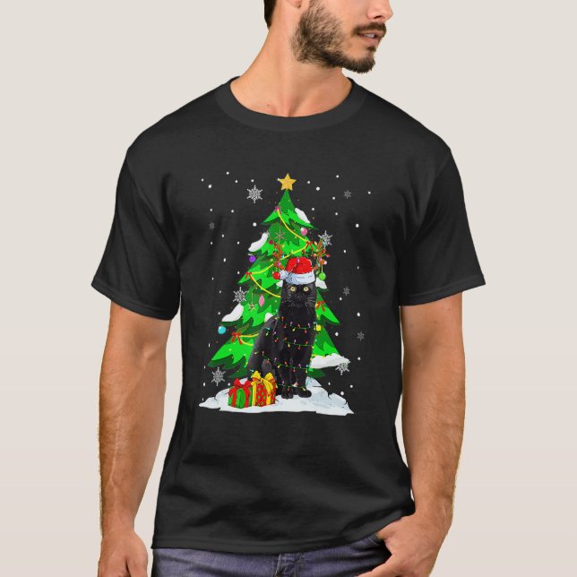 Camiseta Santa Reindeer Black Cat Xmas Tree Lights Christma (Frente)