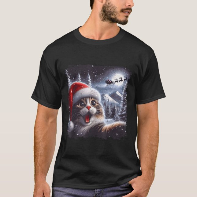 Camiseta Santa Reindeer Selfie Cat Funny Christmas Tee  (Frente)