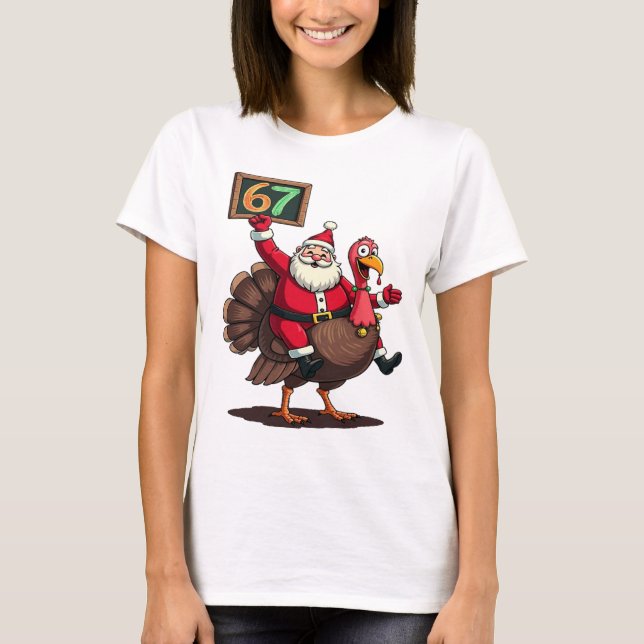 Camiseta 🎅🦃 Santa Riding a Turkey with Number 67 Funny (Frente)