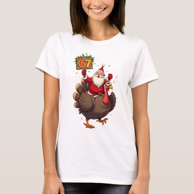 Camiseta 🎅🦃 Santa Riding a Turkey with Number 67 Funny  (Frente)