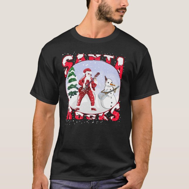 Camiseta Santa Rocks Playing Guitar With Snowman (Frente)