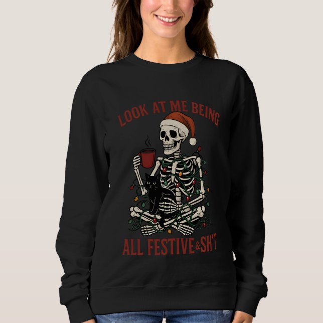 Camiseta Santa Skeleton with Cat Holiday Snark (Frente)