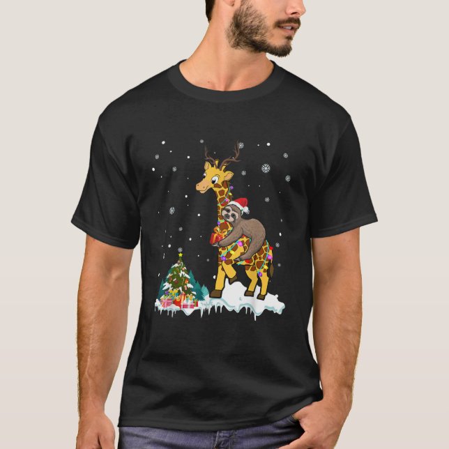 Camiseta Santa Sloth Riding Giraffe Reindeer Xmas Light Lov (Frente)