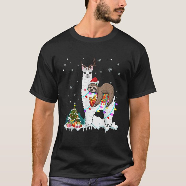 Camiseta Santa Sloth Riding Llama Reindeer Xmas Light Lover (Frente)
