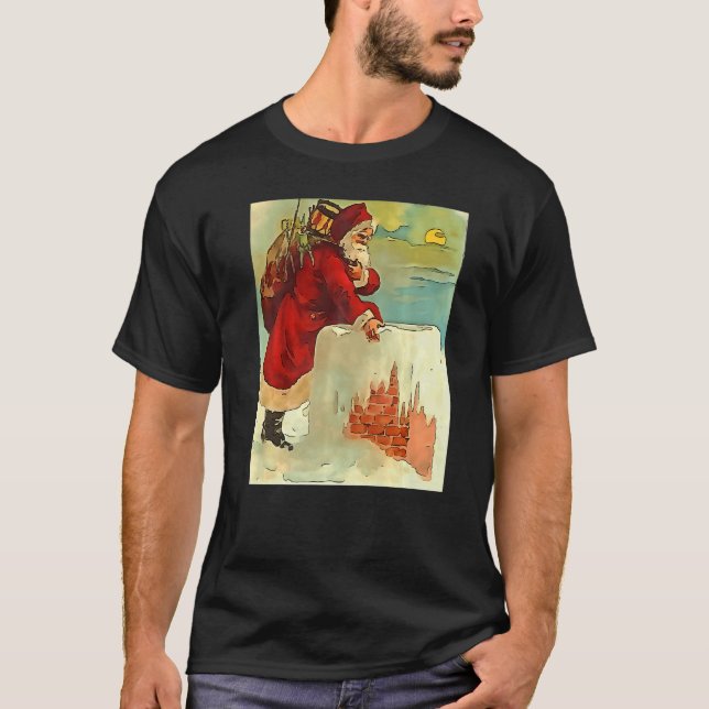 Camiseta Santa Stepping Into A Rooftop Chimney Black Outlin (Frente)