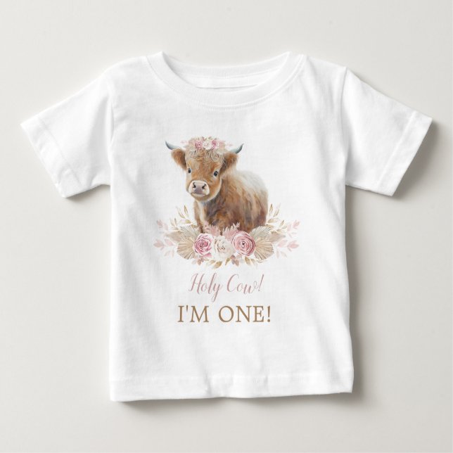 Camiseta Santa vaca, sou um primeiro aniversario rosa-boho (Frente)