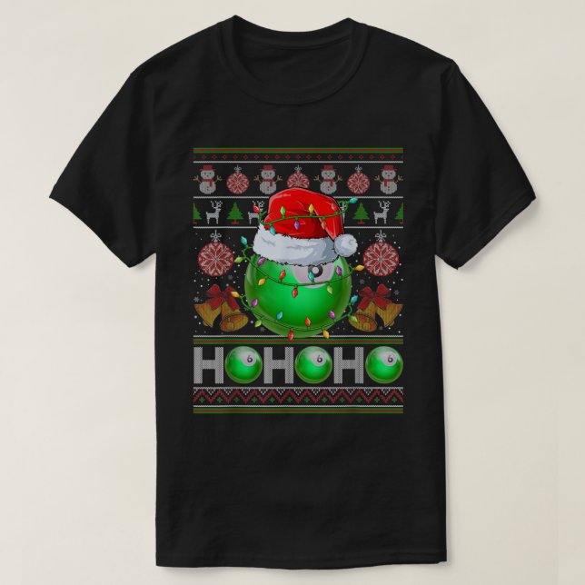 Camiseta Santas Billiard Ball Xmas A Árvore Luz Feia Natal (Frente do Design)