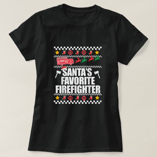 Camiseta Santas Favoritas Bombeiro Pijama Xmas Costume T (Frente do Design)
