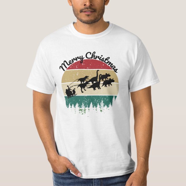 Camiseta Santas Sleigh puxada por dinossauros (Frente)
