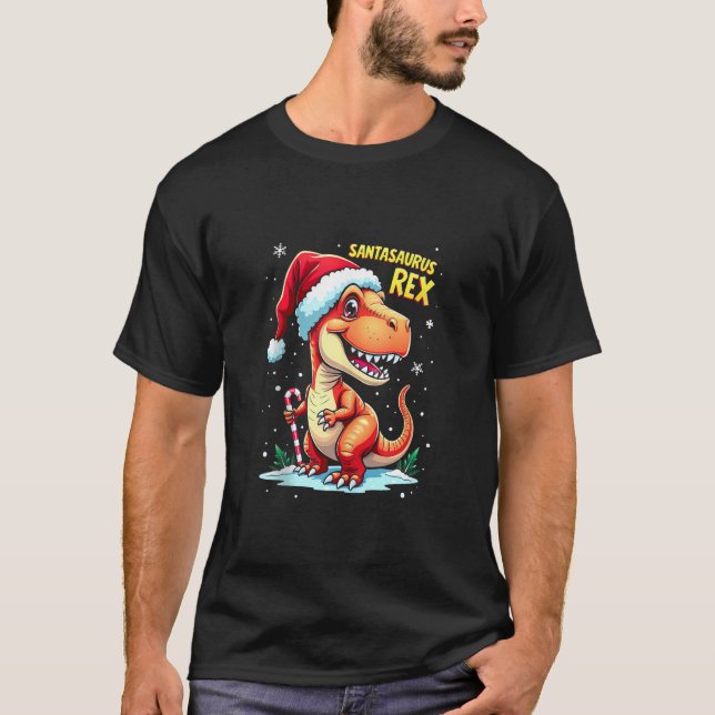 Camiseta Santasaurus Rex Dinossauro Engraçado Natal Chapéu  (Frente)